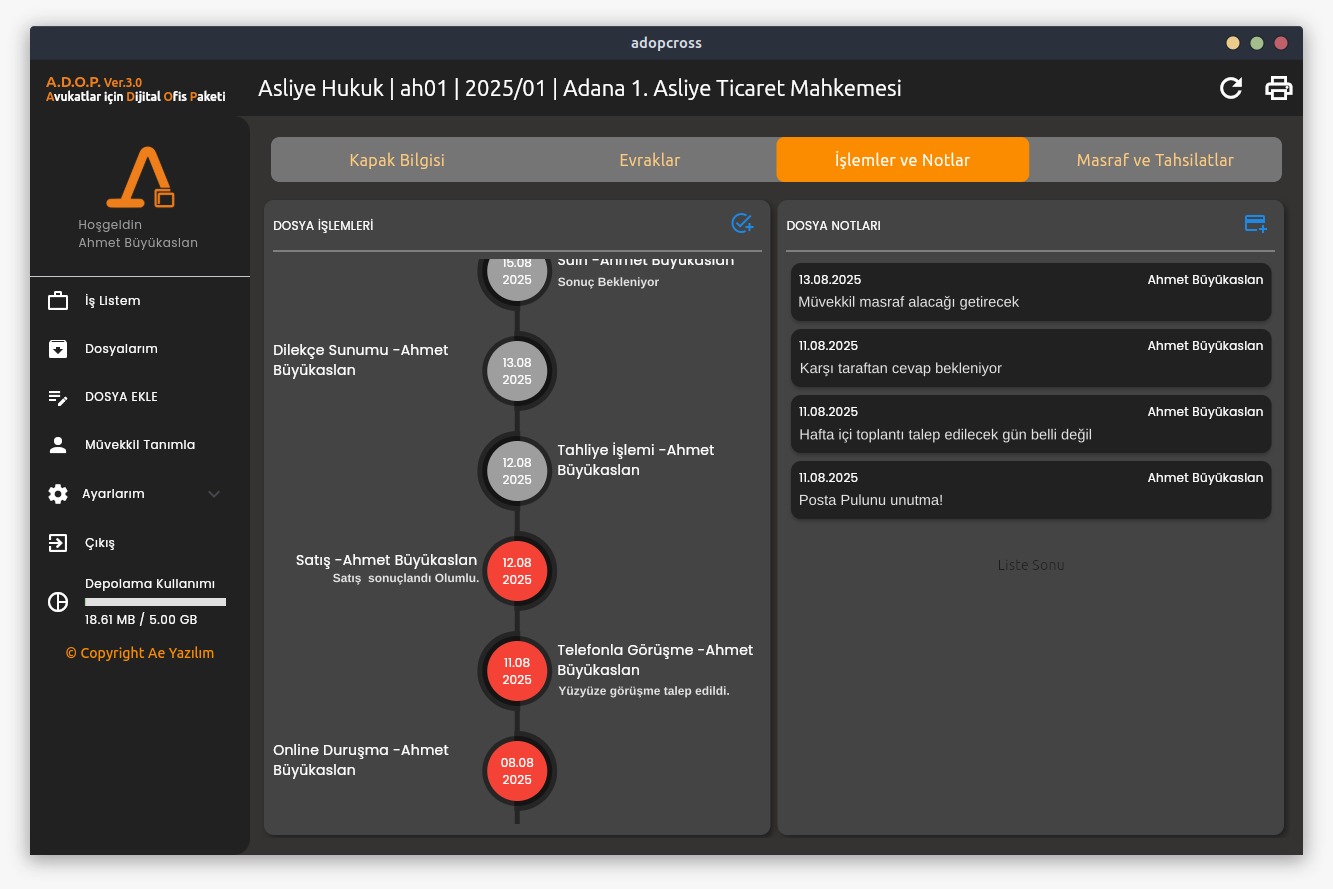 İşlemler ve Notlar Ekranı