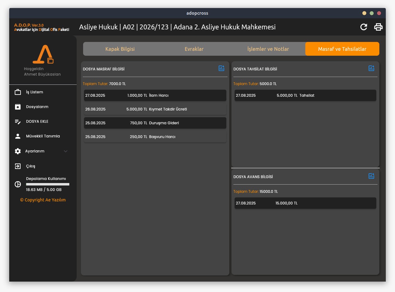 Masraf ve Tahsilatlar Ekranı
